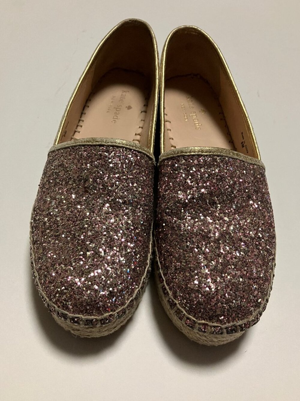 Kate Spade Linds Too Rose Gold Glitter Platform Espadrille Slip On Flats Size 6M